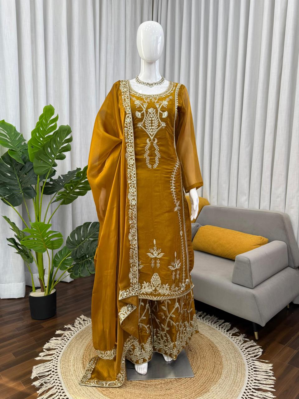 Mustrad Silk Designer Silk Palazzo Set with Dupatta