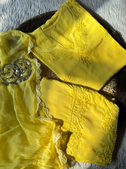 Modal Chikankari Farshi Shalwar Set with Chiffon Dupatta in 5 Colors