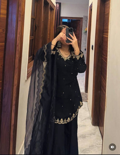 Black Roman Silk Sharara Suit Set (New)
