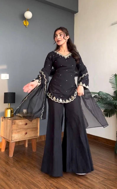 Black Roman Silk Sharara Suit Set (New)