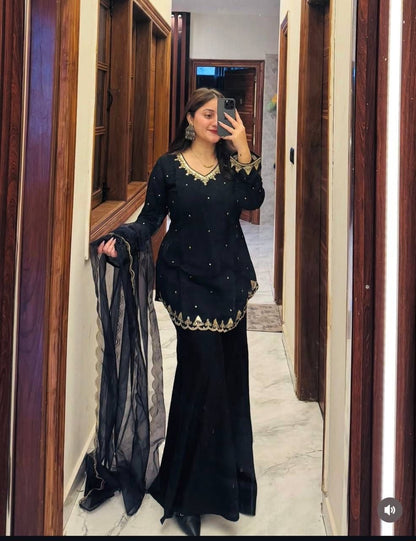 Black Roman Silk Sharara Suit Set (New)