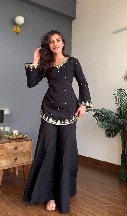 Black Roman Silk Sharara Suit Set (New)