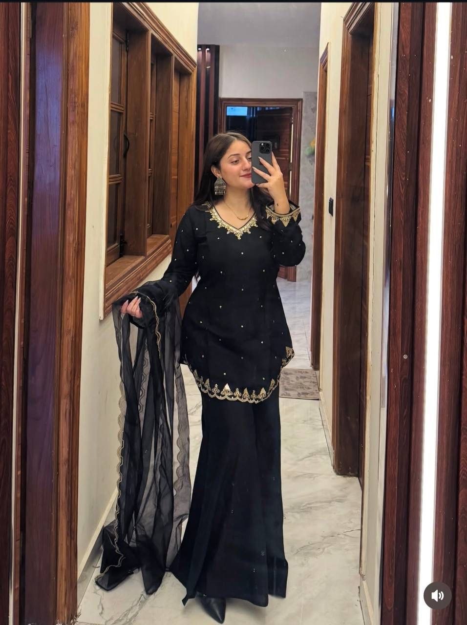 Black Roman Silk Sharara Suit Set (New)