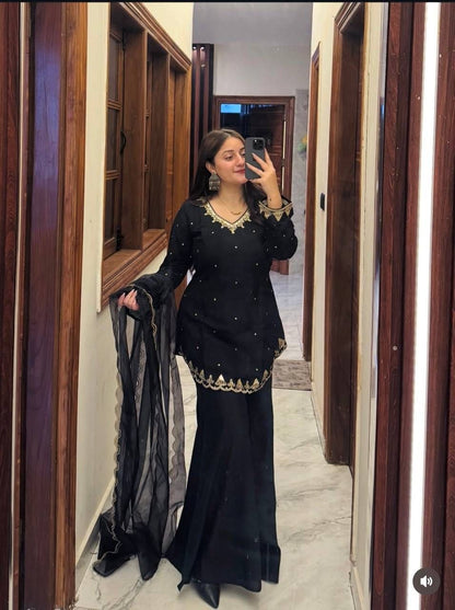 Black Roman Silk Sharara Suit Set (New)