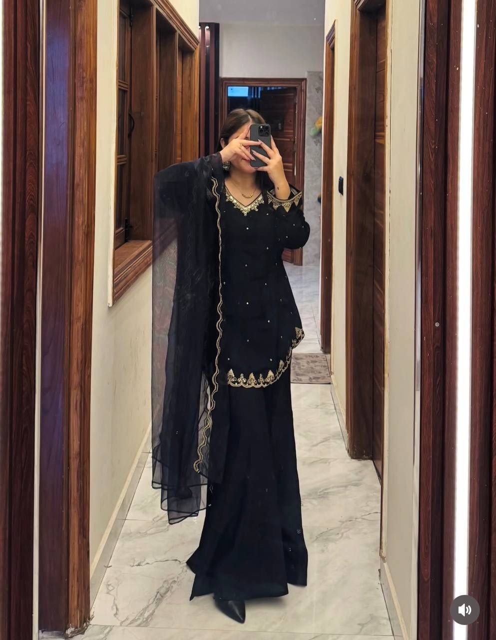Black Roman Silk Sharara Suit Set (New)