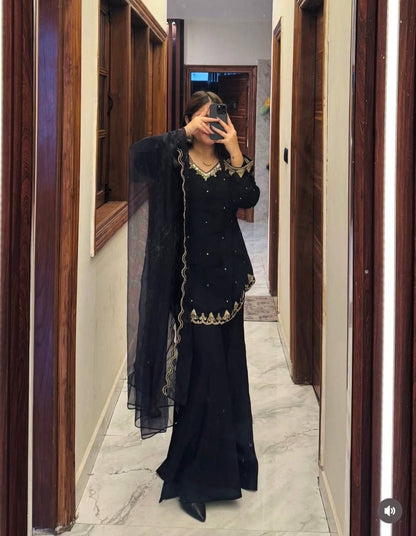Black Roman Silk Sharara Suit Set (New)