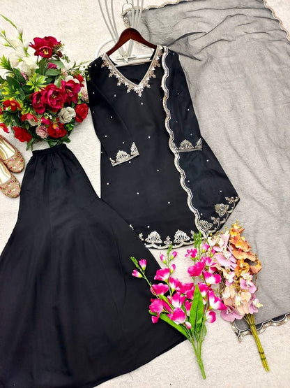 Black Roman Silk Sharara Suit Set (New)