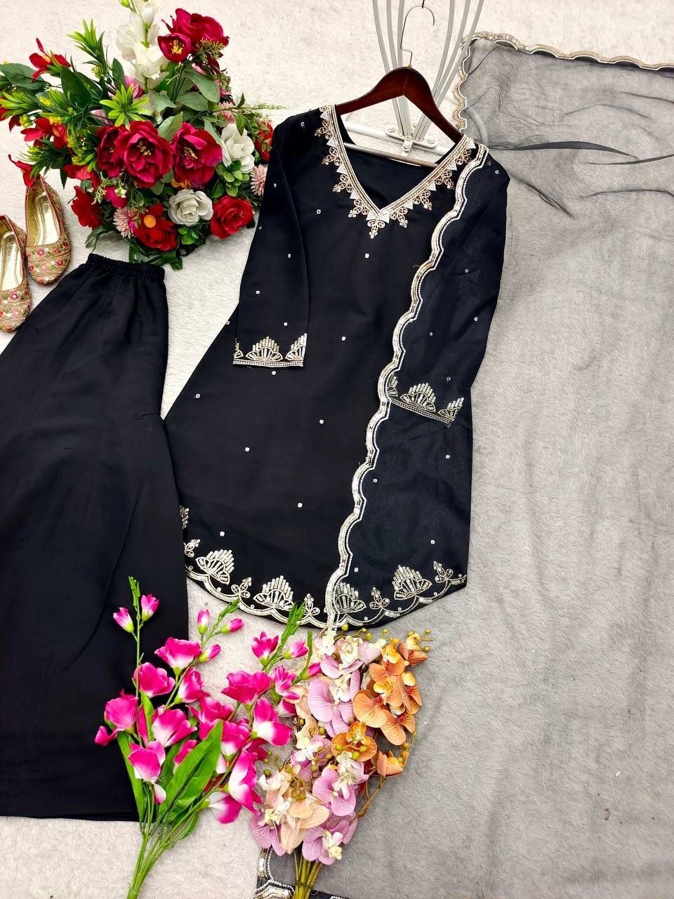 Black Roman Silk Sharara Suit Set (New)