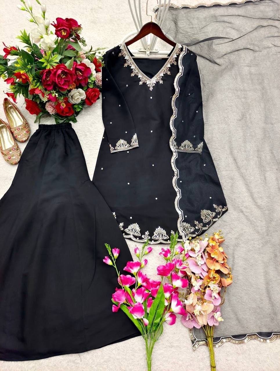 Black Roman Silk Sharara Suit Set (New)