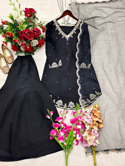 Black Roman Silk Sharara Suit Set (New)