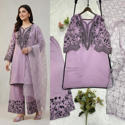 Lavendar Eid Special Sequins Embroidered Mal Cotton Top Palazzo Set with Organza Dupatta