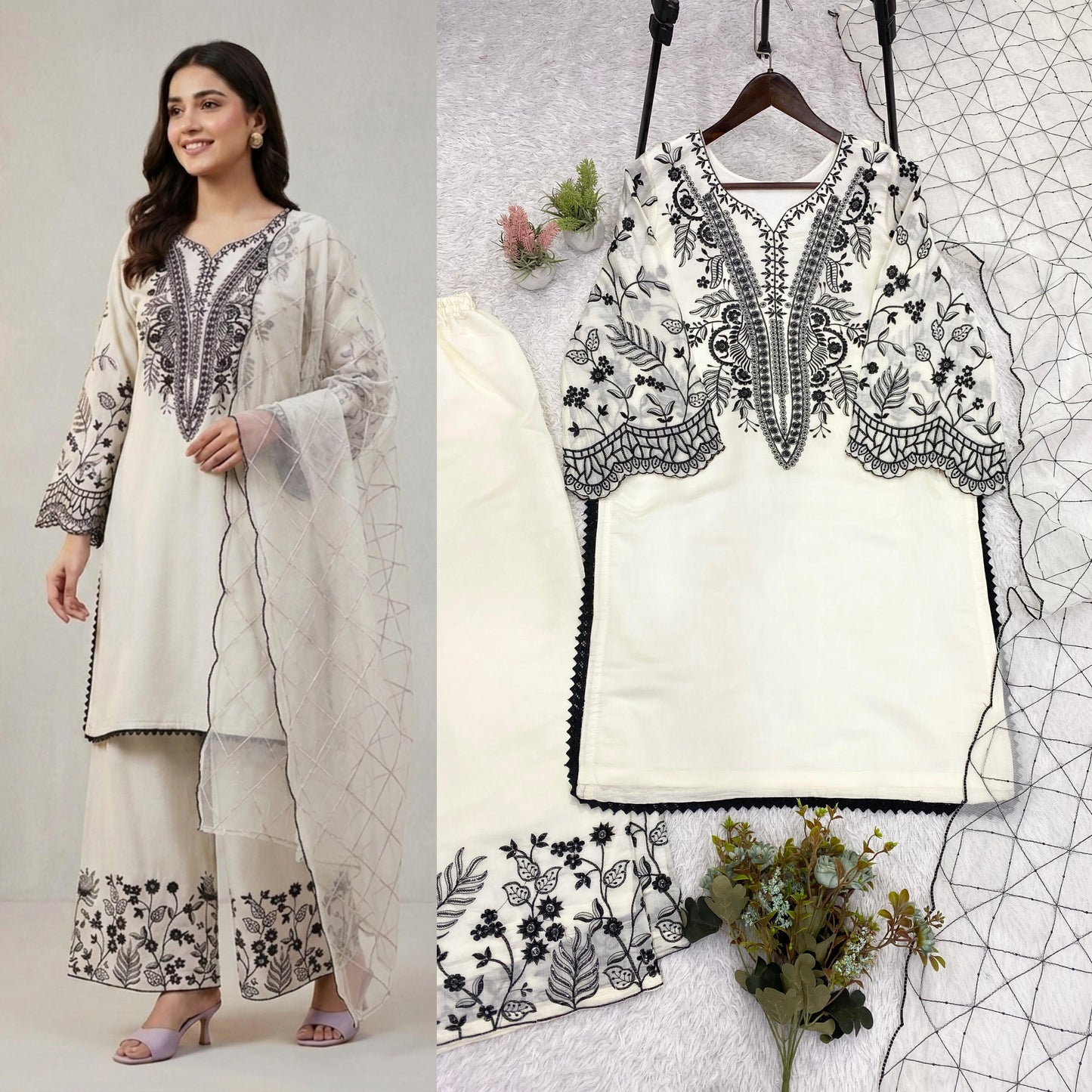 White Eid Special Sequins Embroidered Mal Cotton Top Palazzo Set with Organza Dupatta