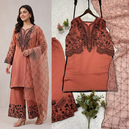 Peach Eid Special Sequins Embroidered Mal Cotton Top Palazzo Set with Organza Dupatta