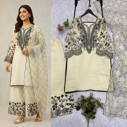 Beige Eid Special Sequins Embroidered Mal Cotton Top Palazzo Set with Organza Dupatta
