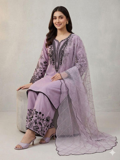 Lavendar Eid Special Sequins Embroidered Mal Cotton Top Palazzo Set with Organza Dupatta