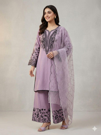 Lavendar Eid Special Sequins Embroidered Mal Cotton Top Palazzo Set with Organza Dupatta