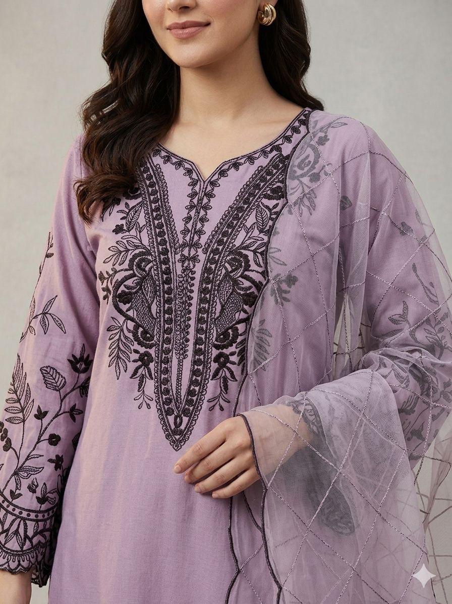 Lavendar Eid Special Sequins Embroidered Mal Cotton Top Palazzo Set with Organza Dupatta
