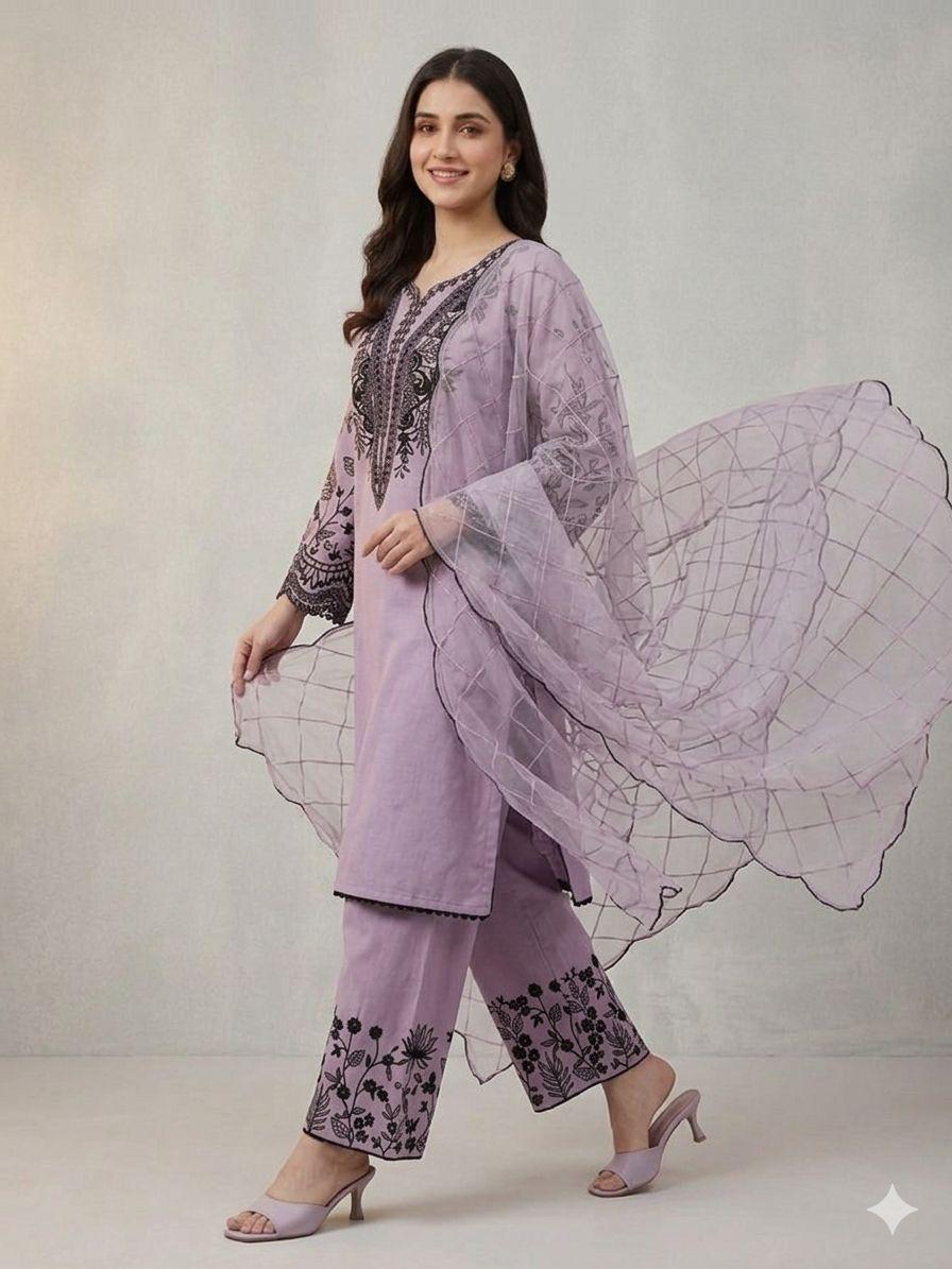 Lavendar Eid Special Sequins Embroidered Mal Cotton Top Palazzo Set with Organza Dupatta