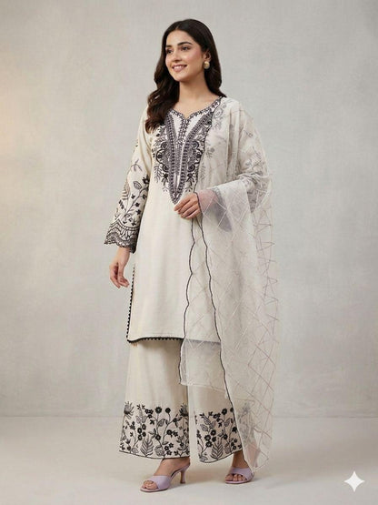 Beige Eid Special Sequins Embroidered Mal Cotton Top Palazzo Set with Organza Dupatta