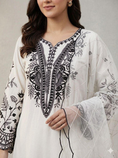 White Eid Special Sequins Embroidered Mal Cotton Top Palazzo Set with Organza Dupatta