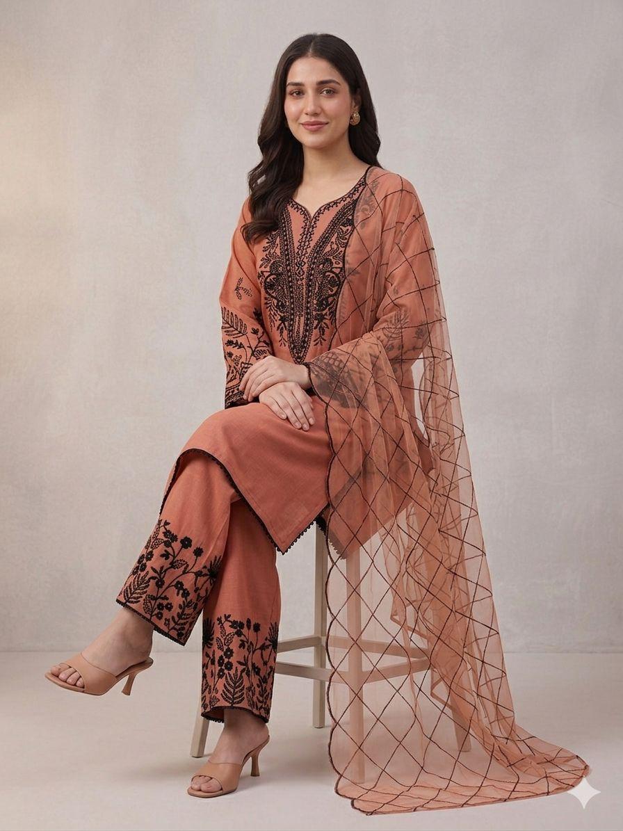 Peach Eid Special Sequins Embroidered Mal Cotton Top Palazzo Set with Organza Dupatta