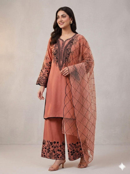 Peach Eid Special Sequins Embroidered Mal Cotton Top Palazzo Set with Organza Dupatta
