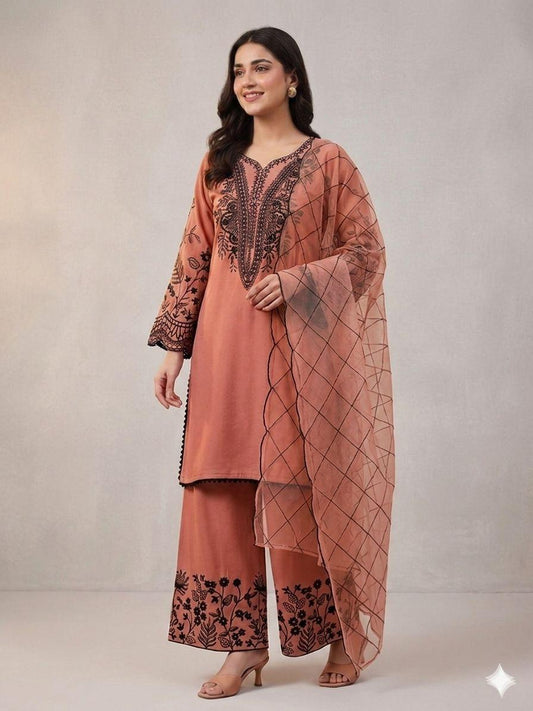 Peach Eid Special Sequins Embroidered Mal Cotton Top Palazzo Set with Organza Dupatta