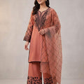 Peach Eid Special Sequins Embroidered Mal Cotton Top Palazzo Set with Organza Dupatta