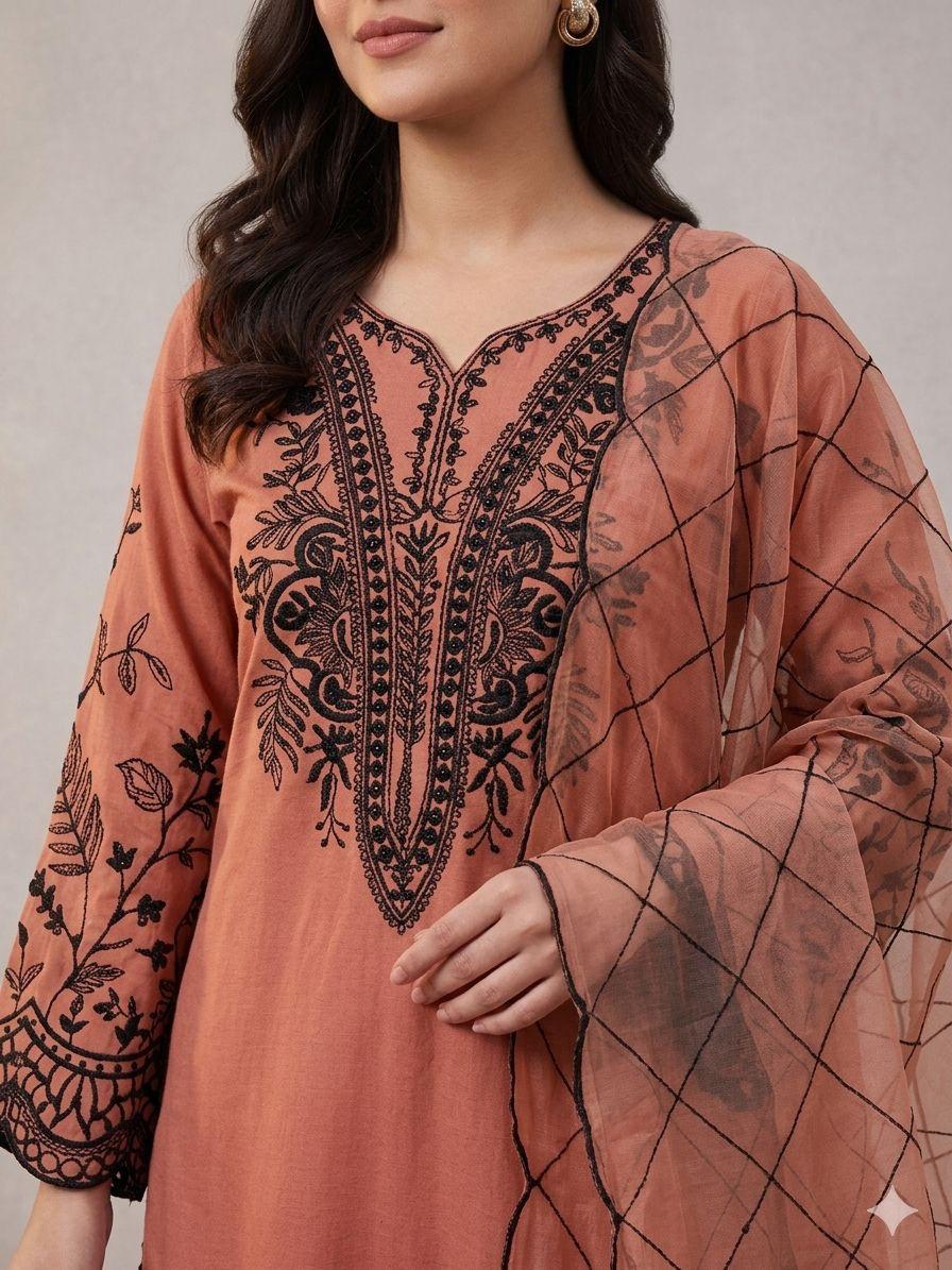 Peach Eid Special Sequins Embroidered Mal Cotton Top Palazzo Set with Organza Dupatta