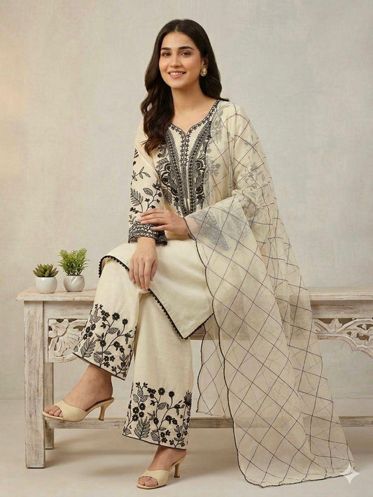Beige Eid Special Sequins Embroidered Mal Cotton Top Palazzo Set with Organza Dupatta