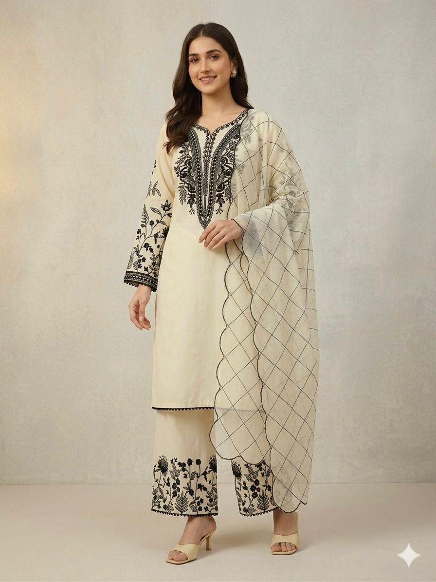 Beige Eid Special Sequins Embroidered Mal Cotton Top Palazzo Set with Organza Dupatta