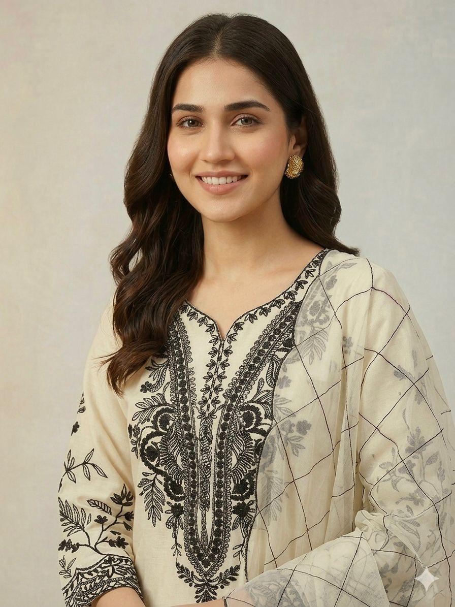 Beige Eid Special Sequins Embroidered Mal Cotton Top Palazzo Set with Organza Dupatta