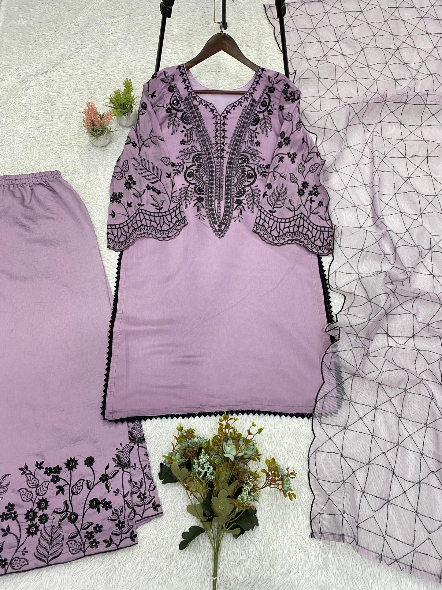 Lavendar Eid Special Sequins Embroidered Mal Cotton Top Palazzo Set with Organza Dupatta