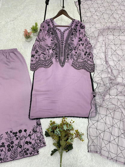 Lavendar Eid Special Sequins Embroidered Mal Cotton Top Palazzo Set with Organza Dupatta
