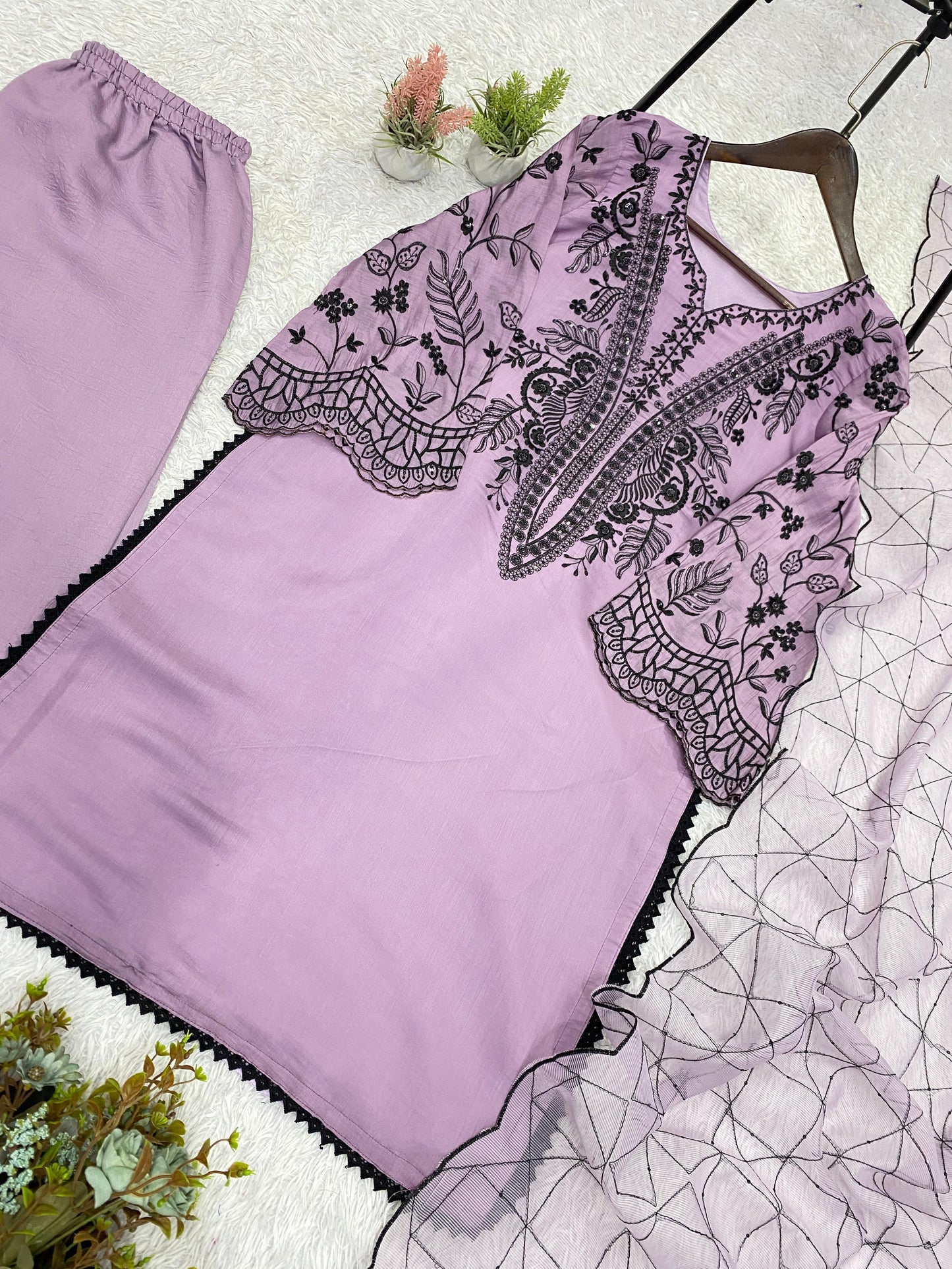 Lavendar Eid Special Sequins Embroidered Mal Cotton Top Palazzo Set with Organza Dupatta