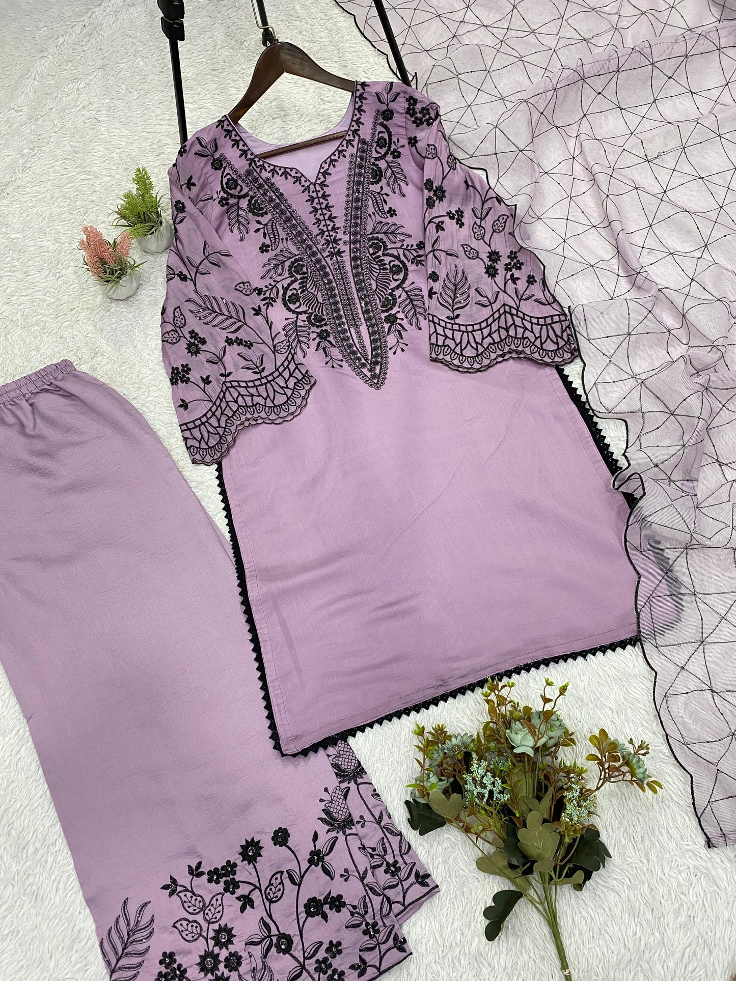 Lavendar Eid Special Sequins Embroidered Mal Cotton Top Palazzo Set with Organza Dupatta