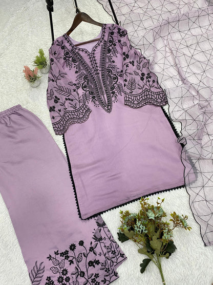 Lavendar Eid Special Sequins Embroidered Mal Cotton Top Palazzo Set with Organza Dupatta