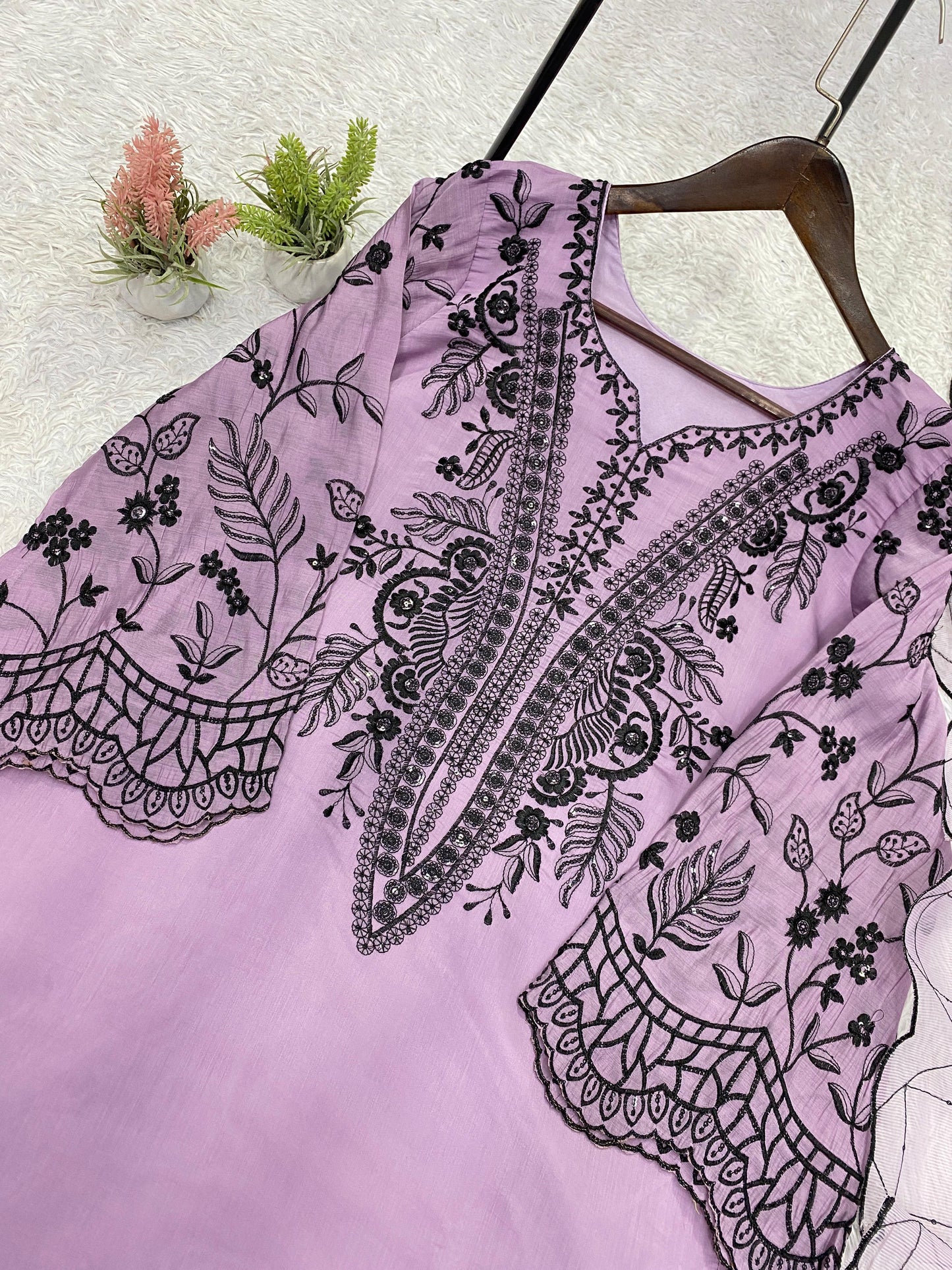 Lavendar Eid Special Sequins Embroidered Mal Cotton Top Palazzo Set with Organza Dupatta