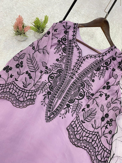 Lavendar Eid Special Sequins Embroidered Mal Cotton Top Palazzo Set with Organza Dupatta