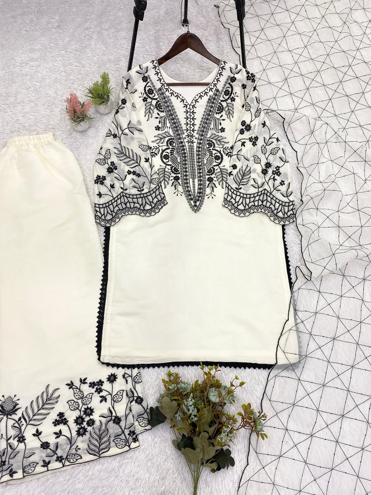White Eid Special Sequins Embroidered Mal Cotton Top Palazzo Set with Organza Dupatta