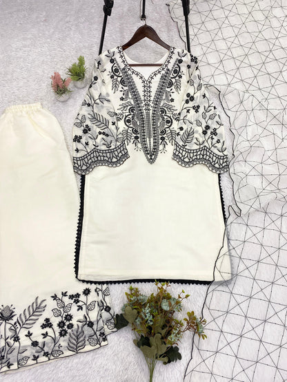 White Eid Special Sequins Embroidered Mal Cotton Top Palazzo Set with Organza Dupatta
