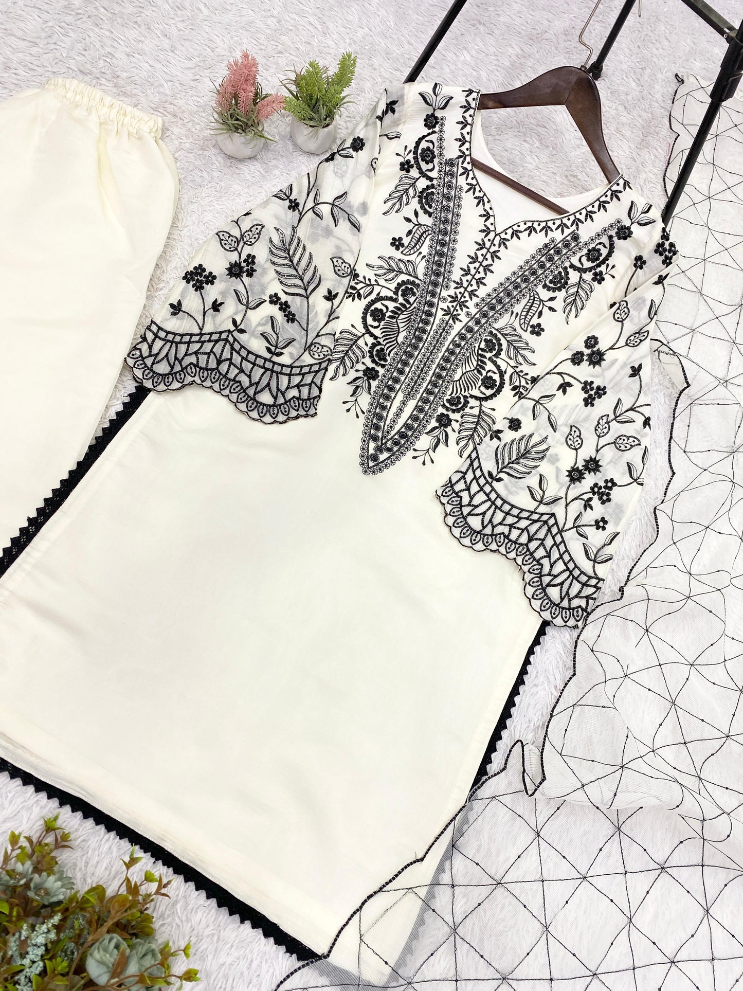 White Eid Special Sequins Embroidered Mal Cotton Top Palazzo Set with Organza Dupatta