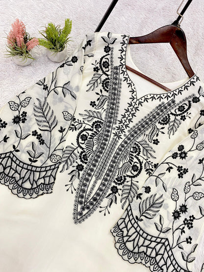 White Eid Special Sequins Embroidered Mal Cotton Top Palazzo Set with Organza Dupatta