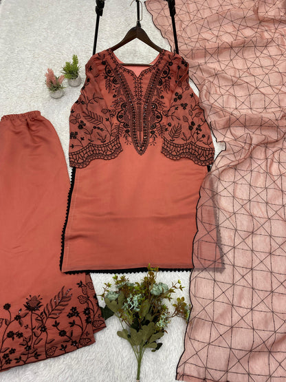 Peach Eid Special Sequins Embroidered Mal Cotton Top Palazzo Set with Organza Dupatta