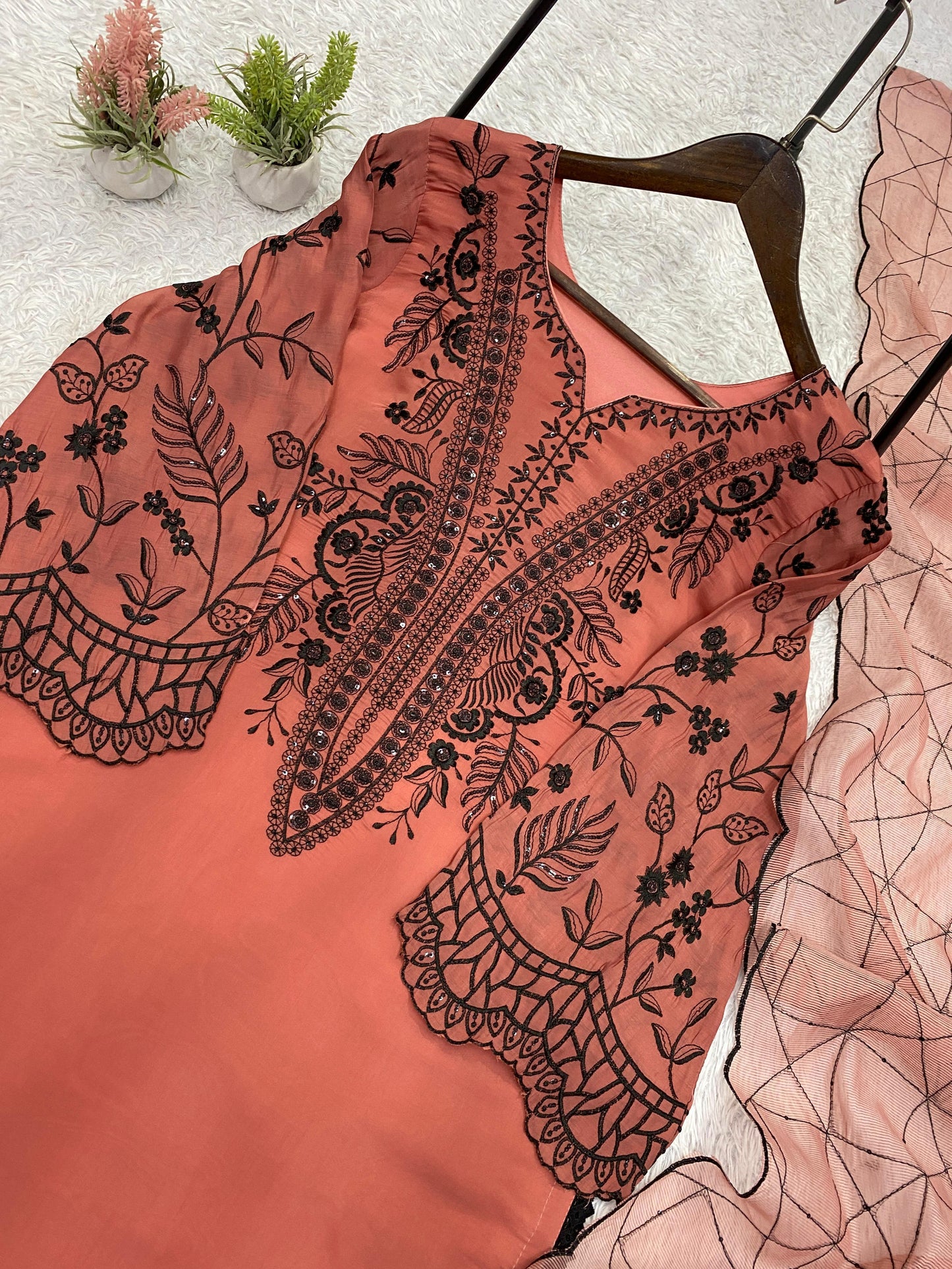 Peach Eid Special Sequins Embroidered Mal Cotton Top Palazzo Set with Organza Dupatta