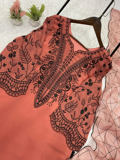 Peach Eid Special Sequins Embroidered Mal Cotton Top Palazzo Set with Organza Dupatta