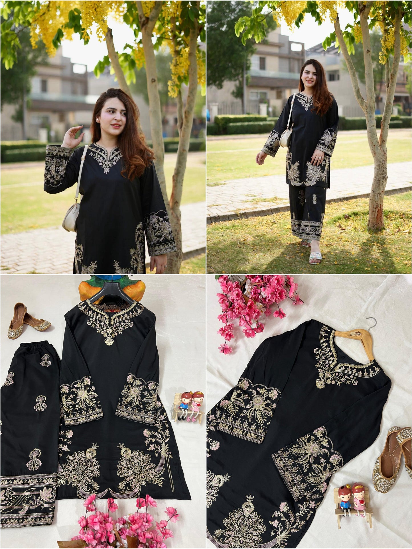 Elegant Black Embroidered Muslin Cotton Co-ord Set