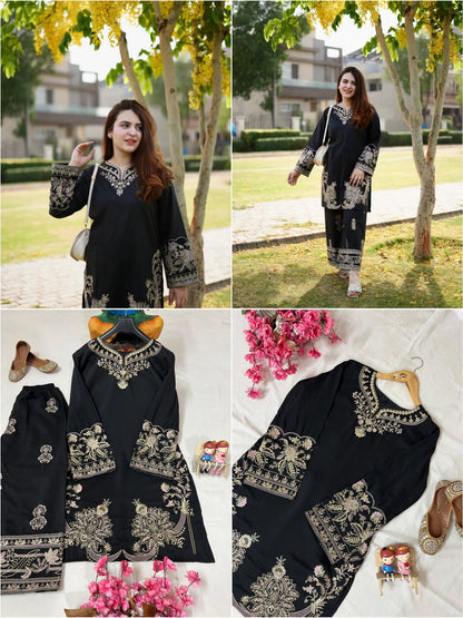 Elegant Black Embroidered Muslin Cotton Co-ord Set