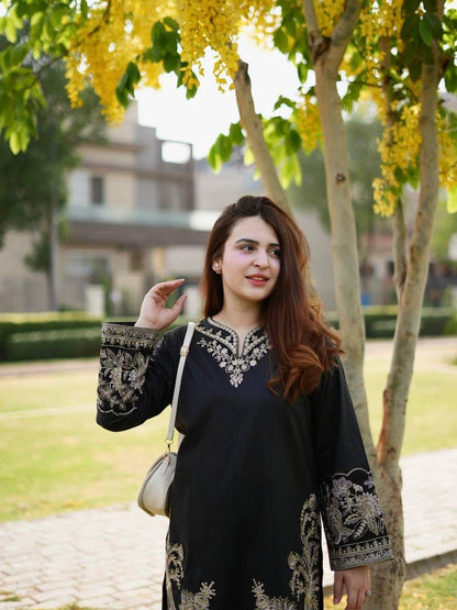 Elegant Black Embroidered Muslin Cotton Co-ord Set