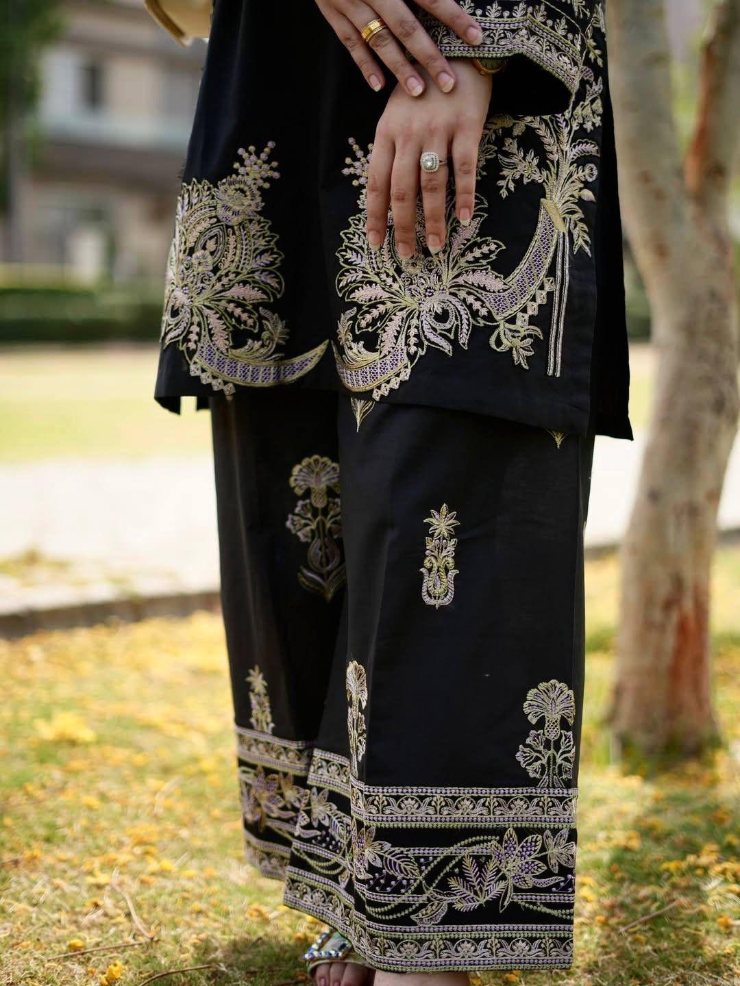 Elegant Black Embroidered Muslin Cotton Co-ord Set